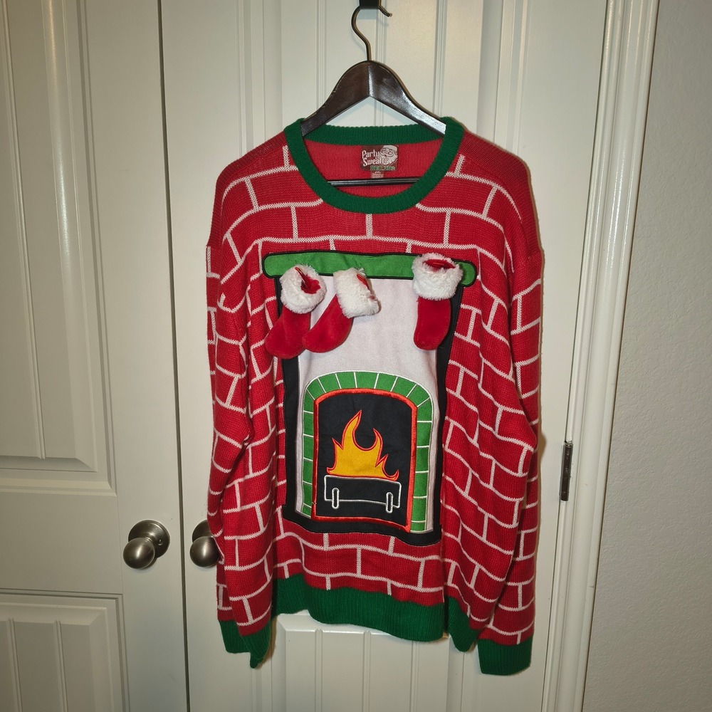 Party Sweater Dec 25th Mens 2XL Ugly Christmas Sweater Fireplace Stockings Red